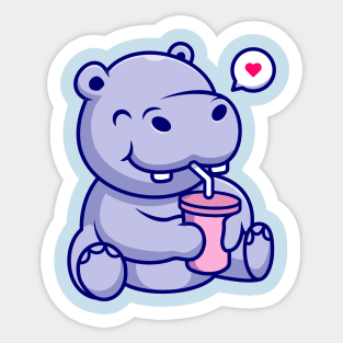 Cute Hippo Drinking Cartoon Sticker